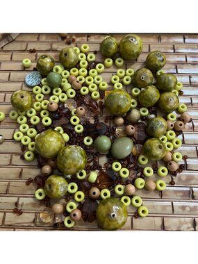 Mixed Assorted Craft Beads In Earthy Green & Brown Tones - Includes Round Oval &